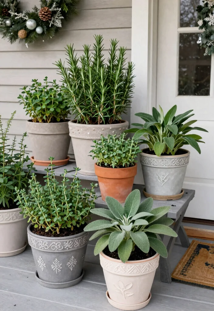 18 Porch Christmas Decorations That Stay Put Through Wind and Weather - 13. Potted Herbs for a Festive Touch 1