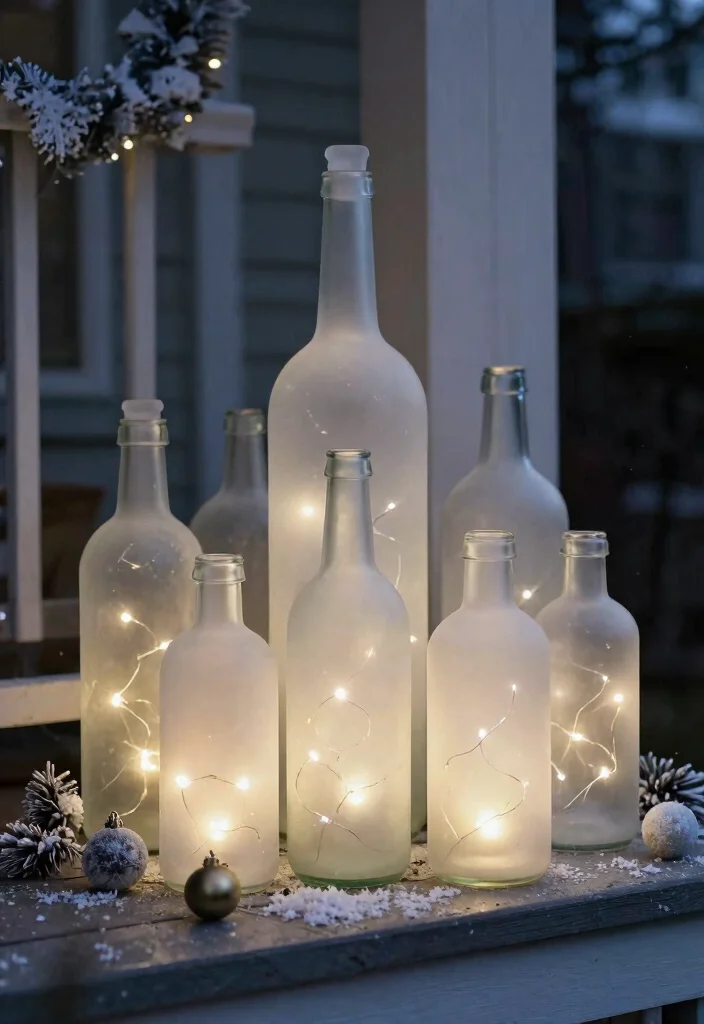 18 Porch Christmas Decorations That Stay Put Through Wind and Weather - 16. Frosted Glass Bottles 1