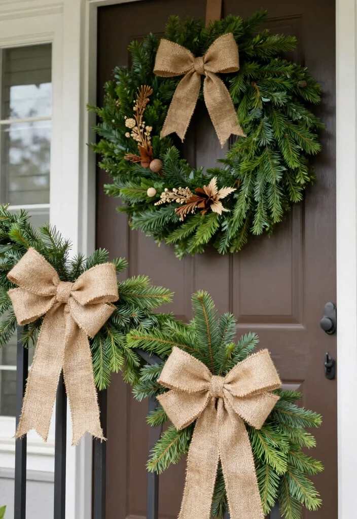 18 Porch Christmas Decorations That Stay Put Through Wind and Weather - 4. Natural Burlap Bows 1