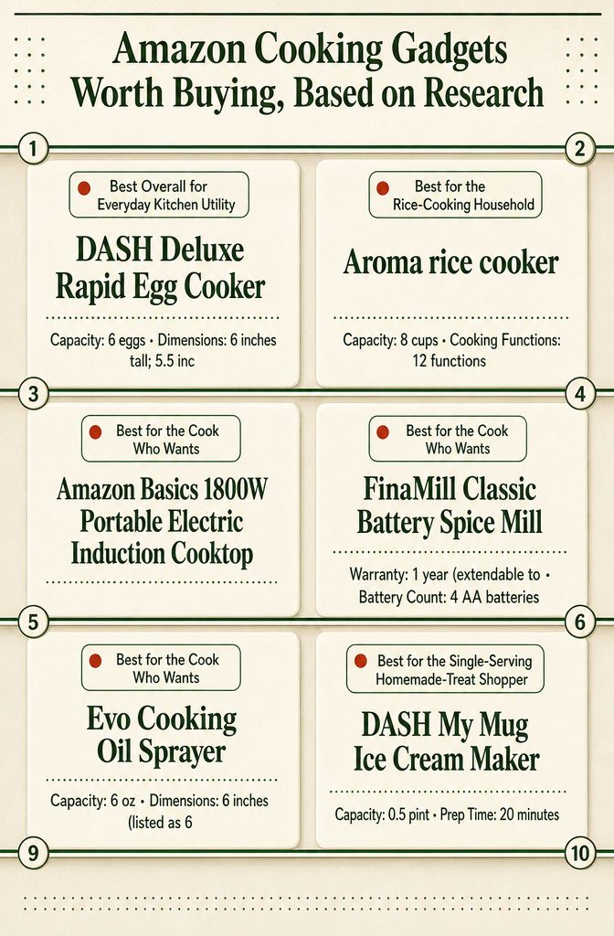 10 Amazon Cooking Gadgets Worth Buying, Based on Research 5 Comparison infographic lists Amazon cooking gadgets and contrasts their features.