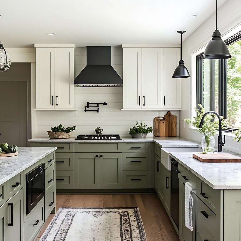 32 U Kitchen Design Ideas for Small, Open and Island Layouts 20 U-shaped kitchen with sage green lower cabinets and white upper cabinets and marble countertops.