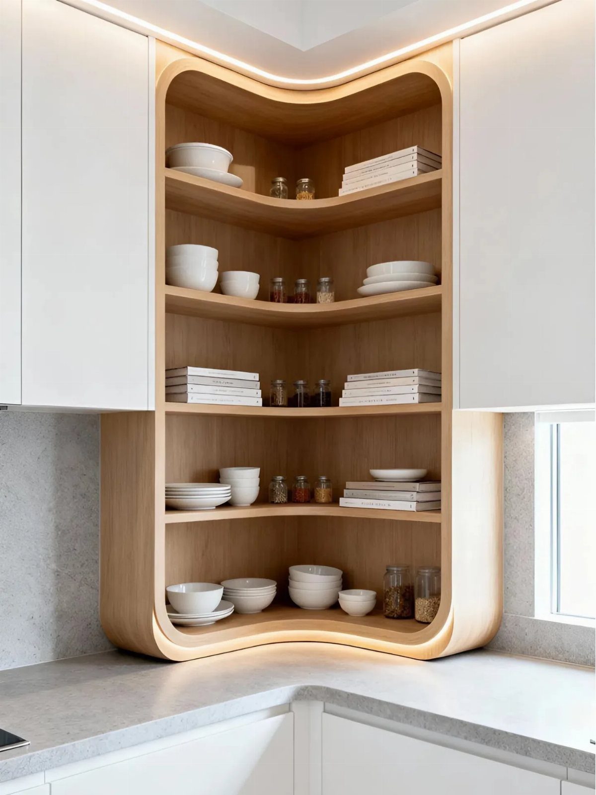 24 Small Kitchen Ideas 2026 for Storage, Style and Layout 13 Light wood open corner shelving unit holding white dishes and spice jars in kitchen