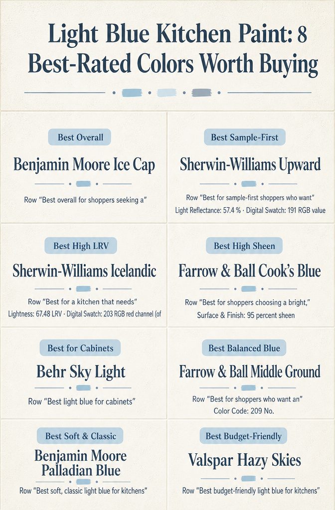 Light Blue Kitchen Paint: 8 Best-Rated Colors Worth Buying 9 Comparison infographic listing eight light blue kitchen paint colors with product details