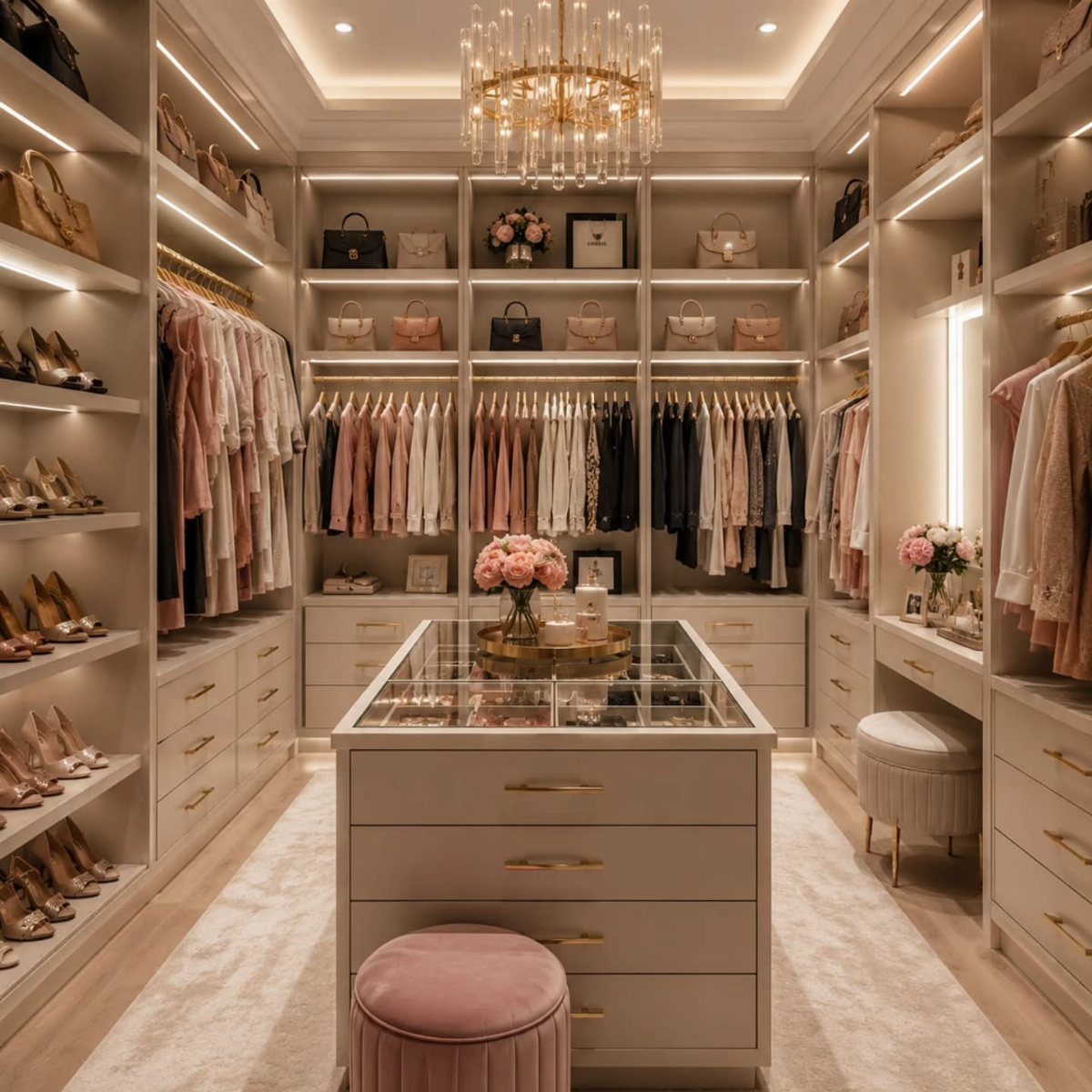 Bedroom Walk in Closet Layout: 17 Ideas to Try 8 Luxurious walk-in closet with a crystal chandelier, beige shelving, and pink velvet stools.