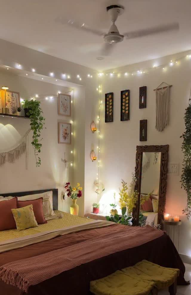 Girls Bedroom 10 12: 14 Ideas for Stylish Tween Rooms 7 Cozy bedroom with string lights, an ornate mirror, and green trailing indoor plants.