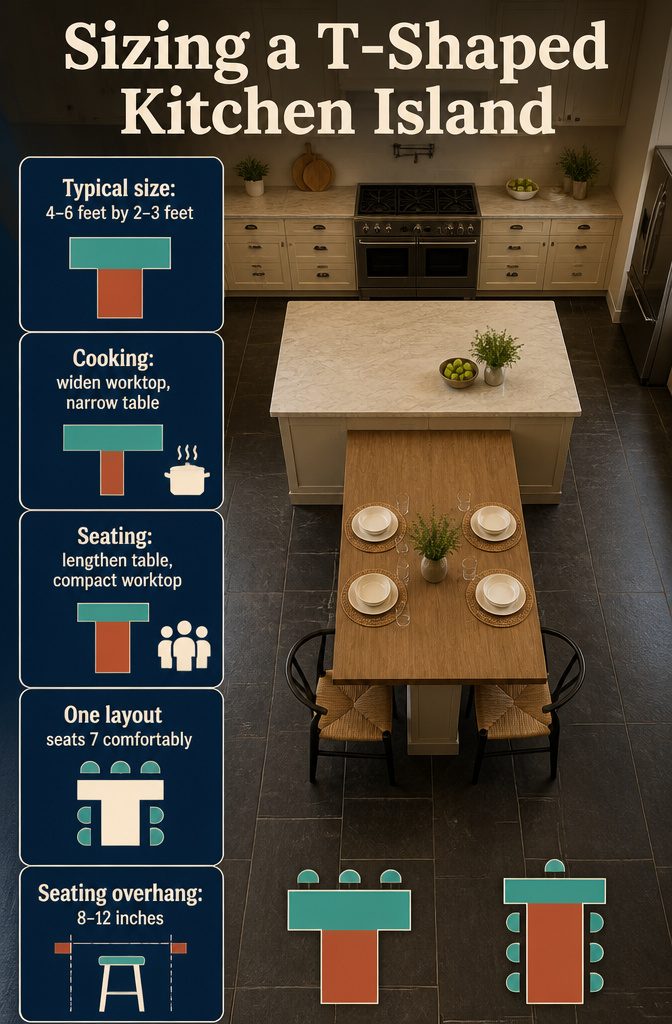 T Shape Kitchen Island: Uses, Design, Clearance and Costs 6 Sizing diagram of a T-shaped kitchen island with worktop and table sections