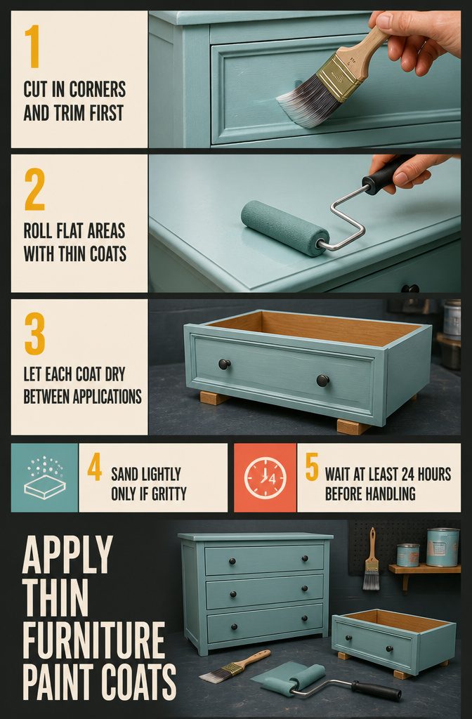 How to Paint Furniture: 8 Steps for DIY Furniture Painting 7 Furniture painting infographic with brush and roller application steps