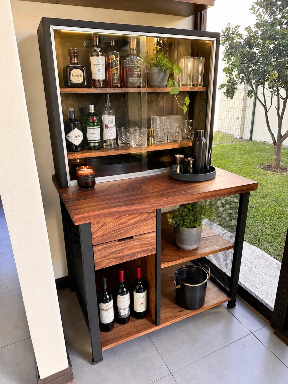 Movable Bar Counter Ideas: 8 Portable, Rolling and Home Styles 3 Wooden bar cabinet with glass-enclosed liquor display and lower storage shelves.