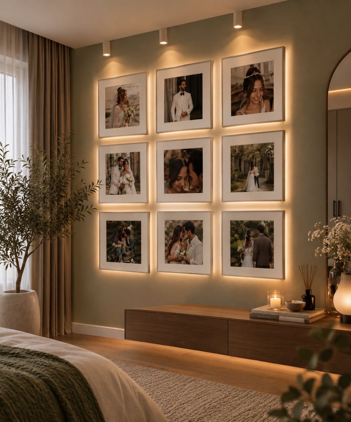 Backlit wedding photo gallery wall in a modern bedroom with a wooden console