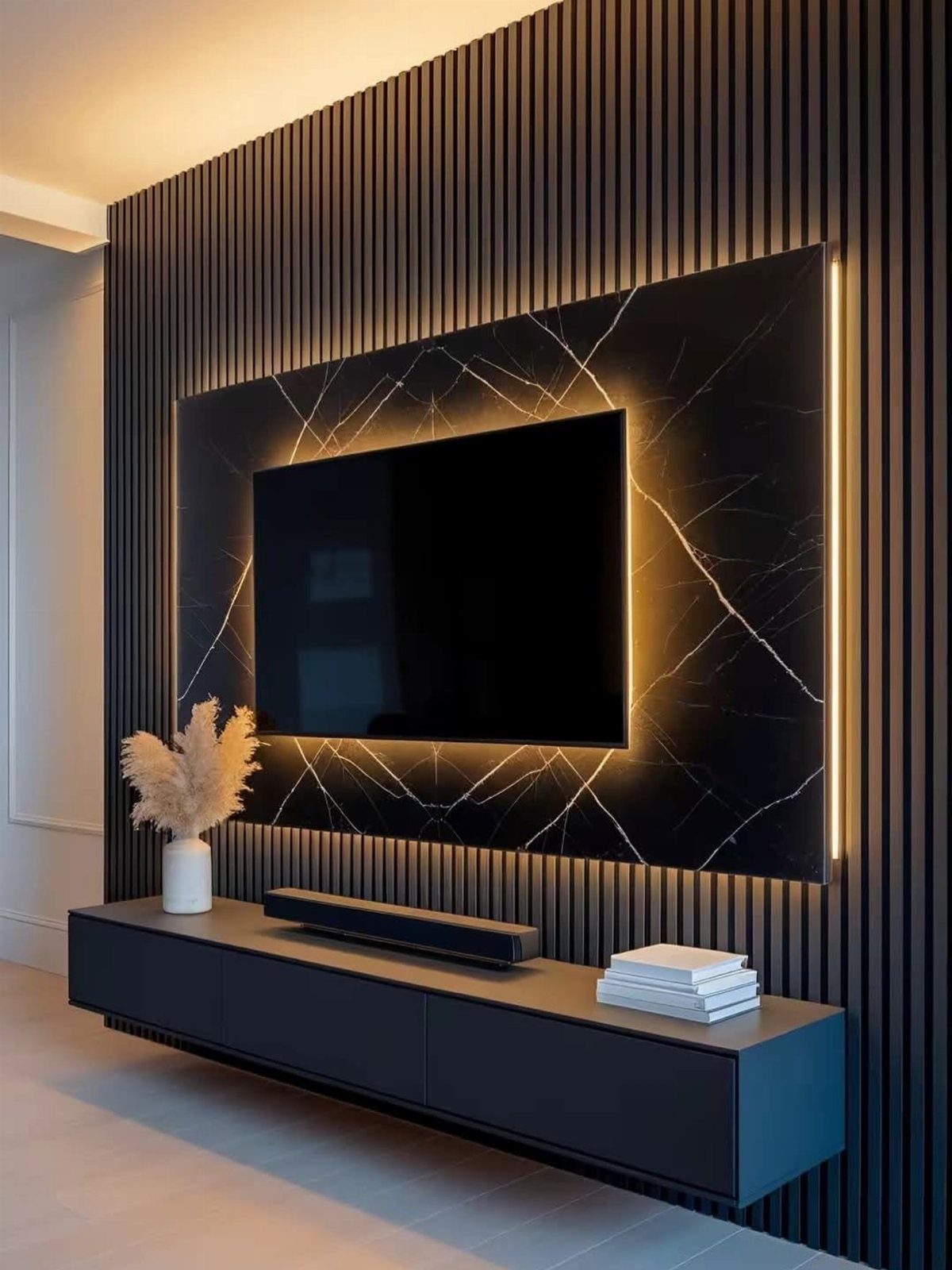 16 TV Designs for Living Room Walls, Units and Mounts 7 Black TV on a backlit marble panel against a dark slatted wood wall.