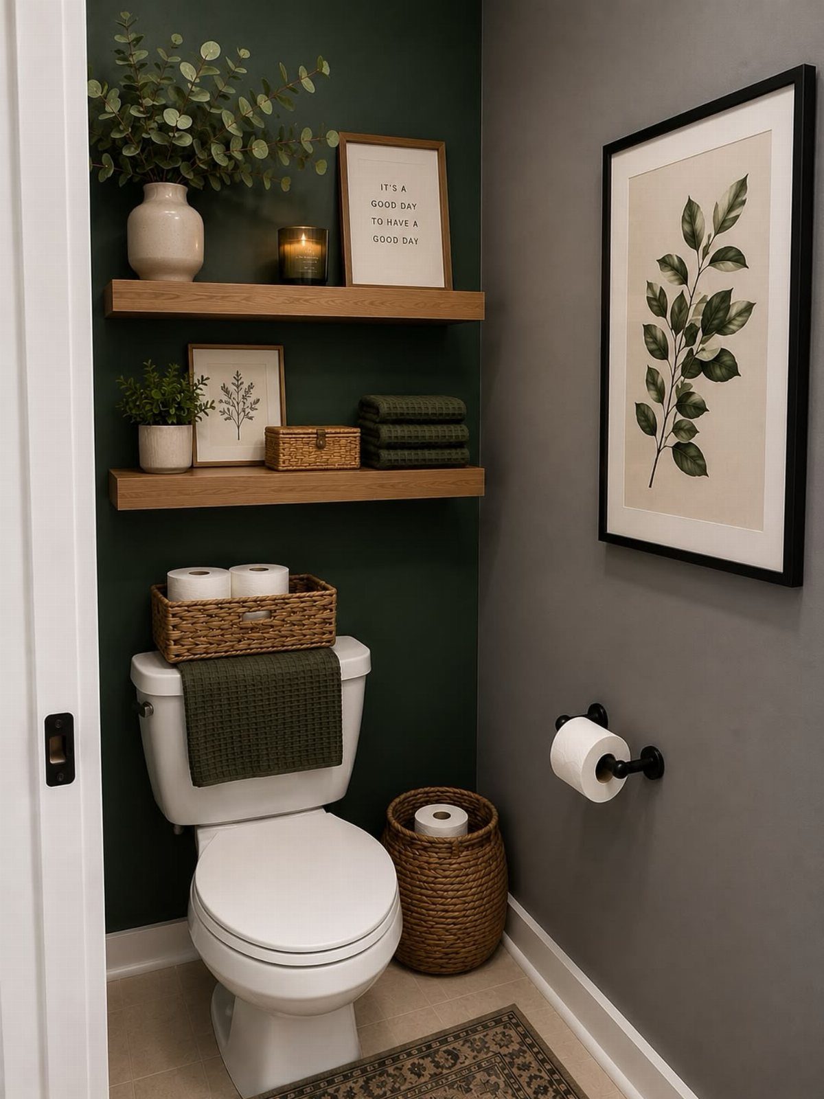 White toilet in a bathroom corner with dark green walls and wooden floating shelves.