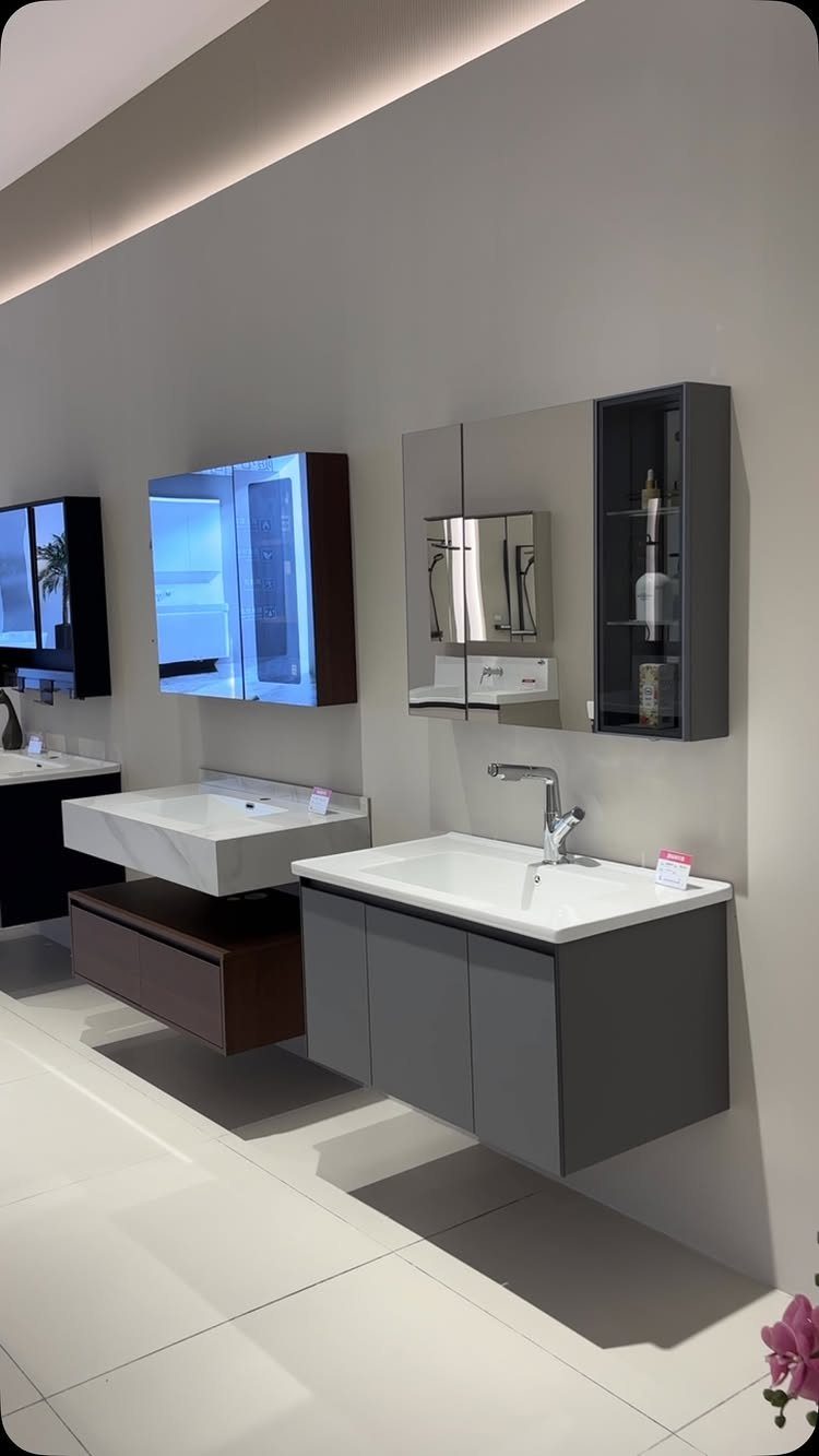 28 Bathroom Cabinet Ideas Storage Fixes for Small Spaces 28 Modern floating bathroom vanities with white sinks and matching wall storage cabinets.