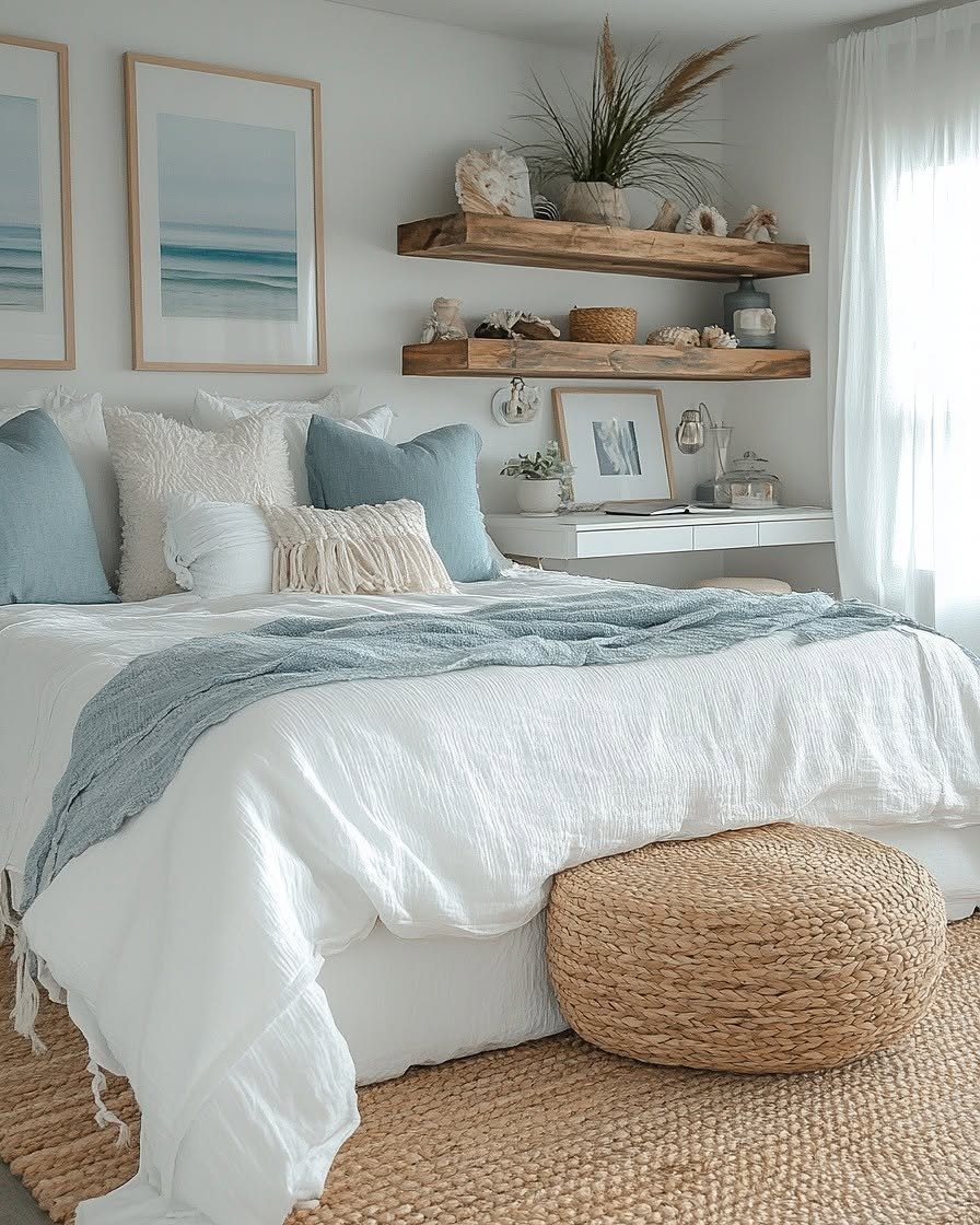 White bed with blue accents and a woven rattan pouf on jute rug