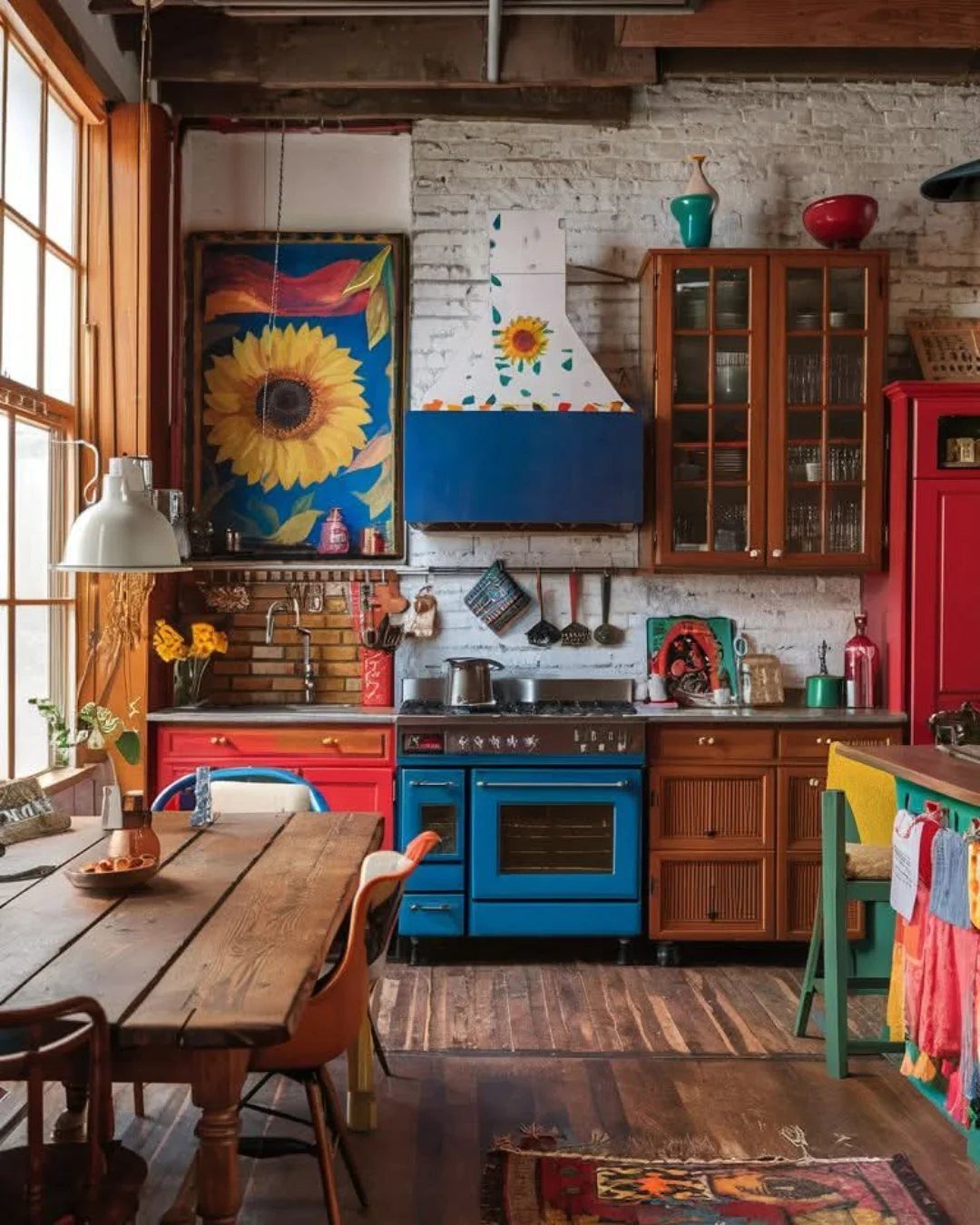 Rustic kitchen with a bright blue stove and contrasting red cabinets and refrigerator.