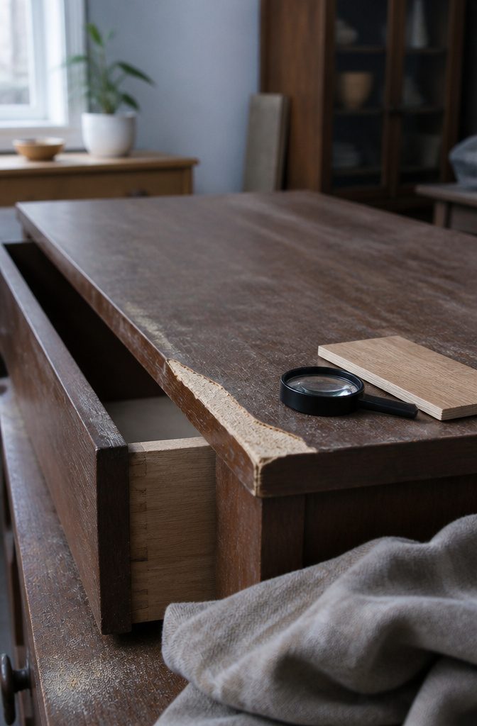 How to Paint Furniture: 8 Steps for DIY Furniture Painting 2 Scratched dresser with peeling veneer and pale pressed core beside a magnifier