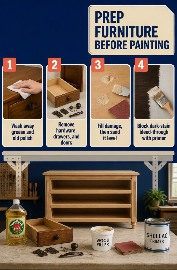 How to Paint Furniture: 8 Steps for DIY Furniture Painting 4 Furniture preparation infographic with cleaning repair and sanding steps
