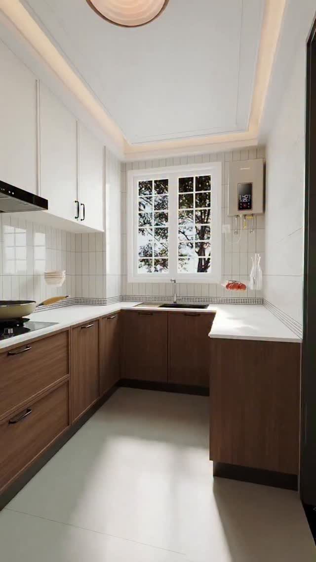 32 U Kitchen Design Ideas for Small, Open and Island Layouts 25 Compact U-shaped kitchen with brown lower cabinets, white upper cabinets, and a central window.
