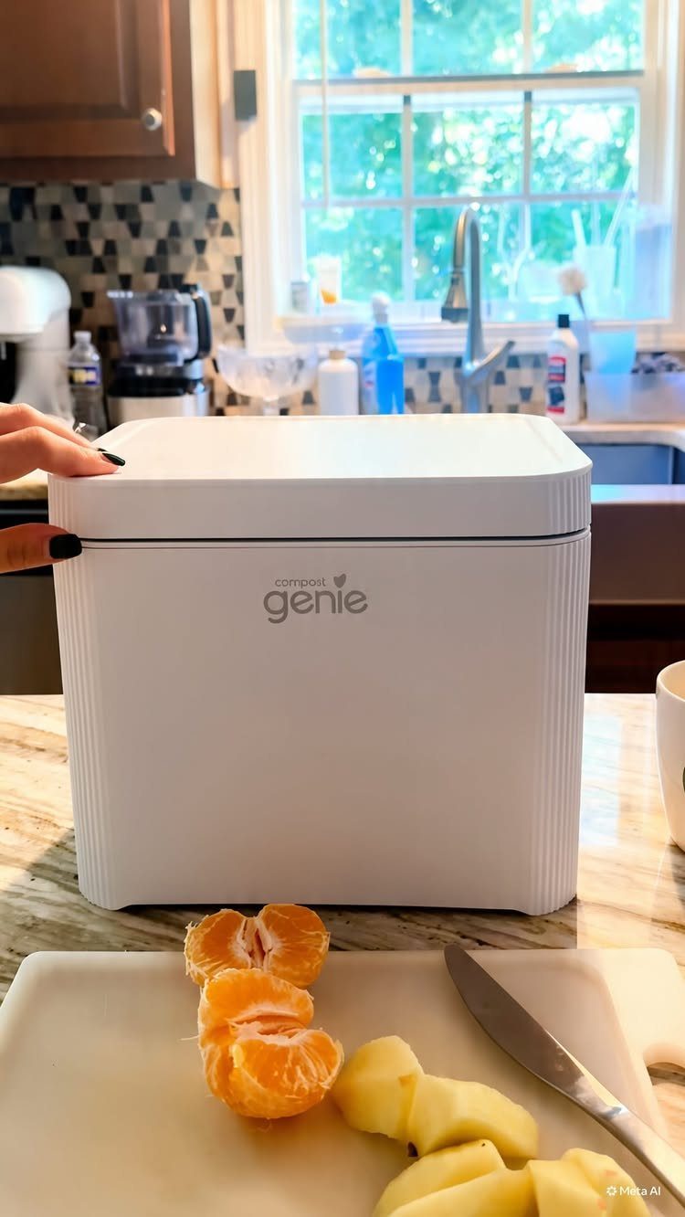 White Compost Genie bin on a kitchen counter next to a cutting board with fruit.