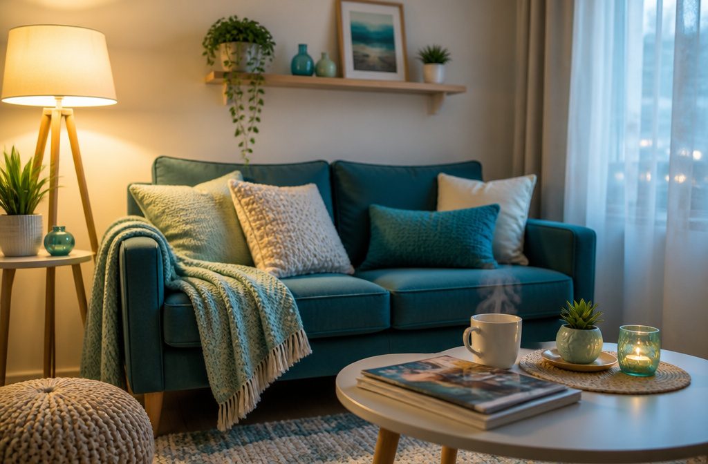 Cozy small living room with a compact, stylish couch against a wall.