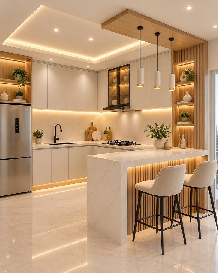 White marble waterfall kitchen island with modern cabinetry and warm ambient lighting.