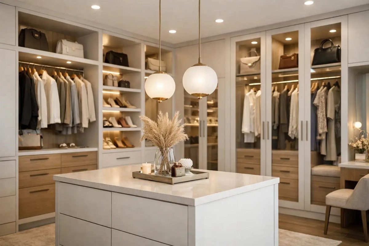 Bedroom Walk in Closet Layout: 17 Ideas to Try 3 Luxurious walk-in closet with a central island, organized clothing zones, and shoe shelving.