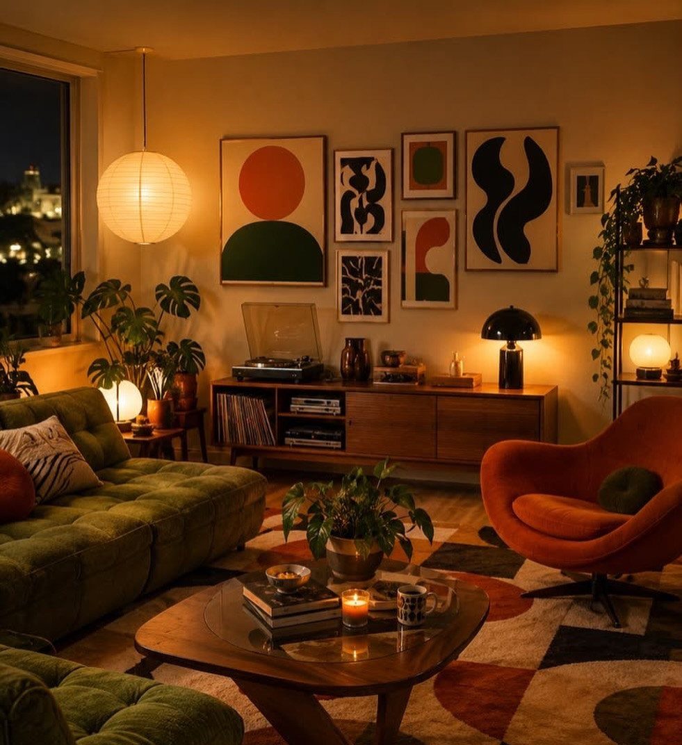 15 Living Room Natural Design Ideas with Organic Style 9 Mid-century modern living room with green sofa, orange chair, and abstract wall art.