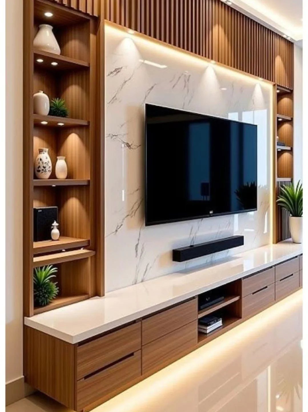 16 TV Designs for Living Room Walls, Units and Mounts 3 Modern TV mounted on a marble wall with custom wooden cabinets and warm lighting.