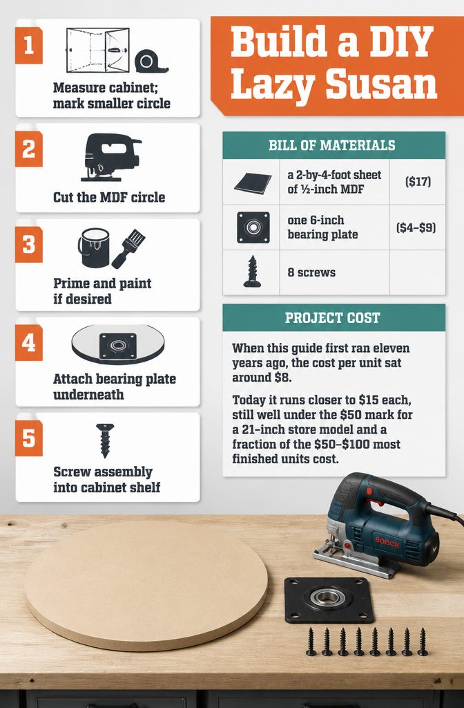 What Is a Folding Lazy Susan? How It Works, Types and Sizing 8 Round MDF shelf with a square bearing plate and screws