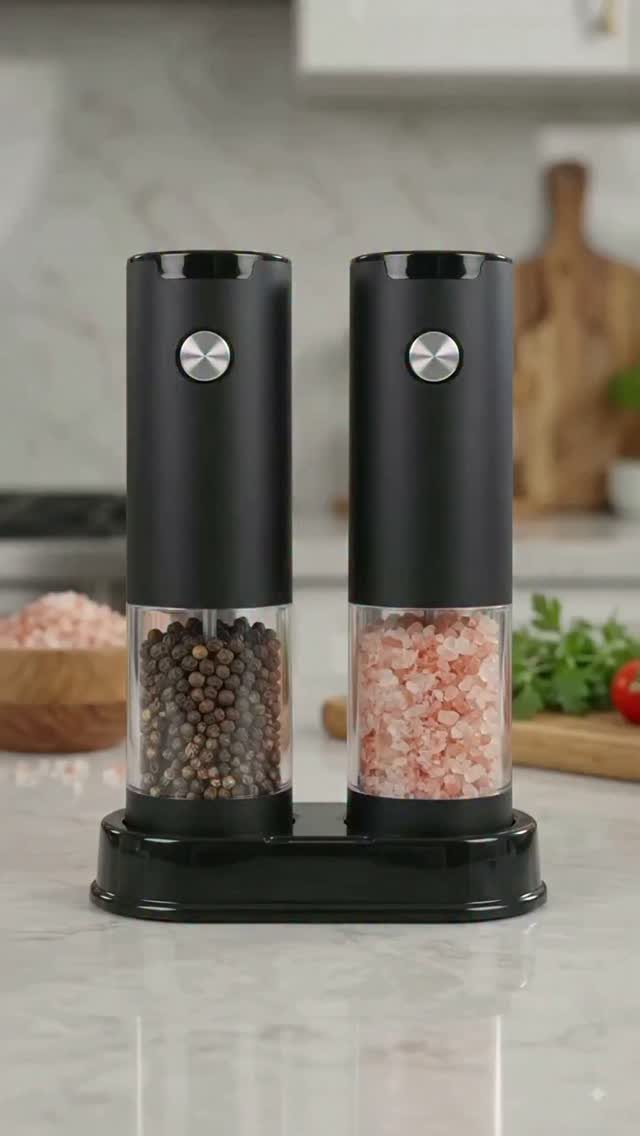 Two black electric salt and pepper grinders on a matching rectangular base.