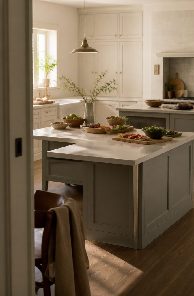 T Shape Kitchen Island: Uses, Design, Clearance and Costs 2 T-shaped kitchen island with cutting boards and mixing bowls arranged near the cooktop