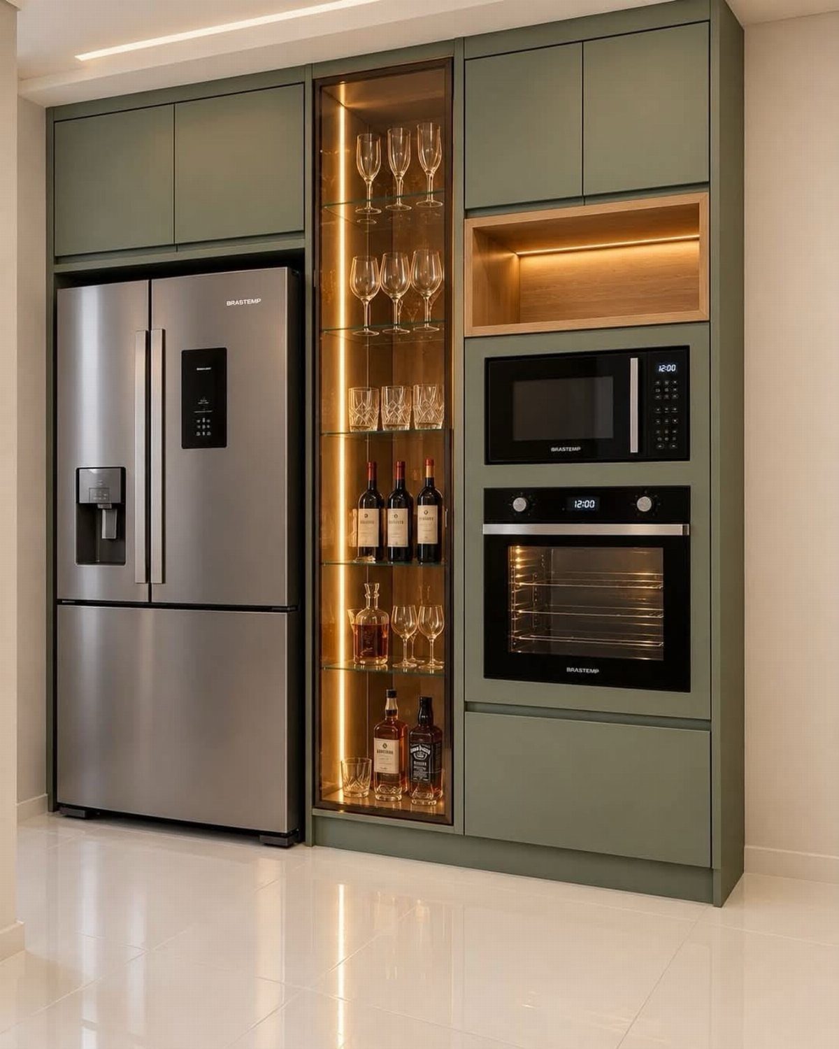 32 U Kitchen Design Ideas for Small, Open and Island Layouts 28 Sage green kitchen cabinetry featuring a built-in eye-level oven and stainless steel refrigerator.