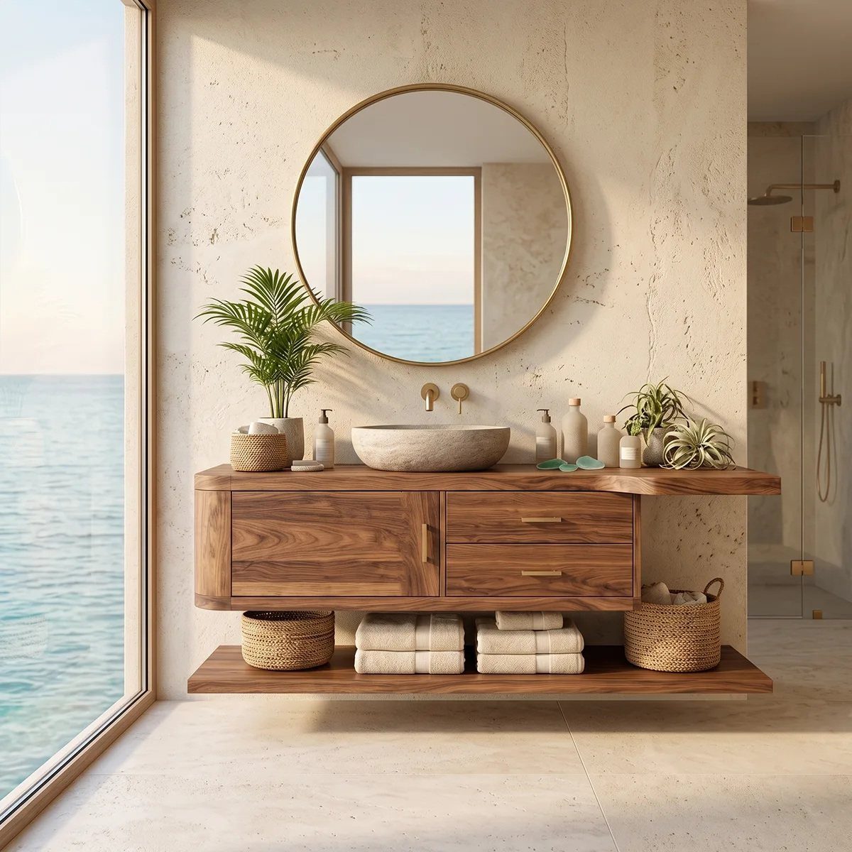 28 Bathroom Cabinet Ideas Storage Fixes for Small Spaces 5 Floating wooden bathroom vanity with stone sink and round gold mirror overlooking ocean.