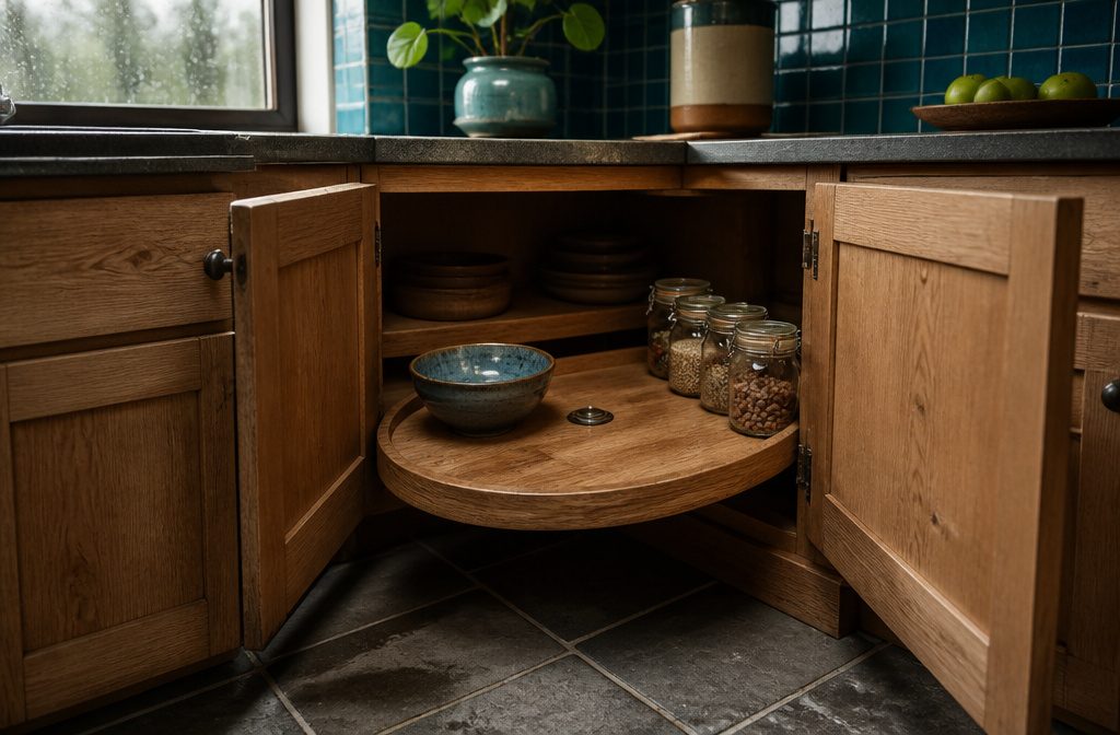 Rotating cabinet shelves with stored kitchen items arranged around a central post