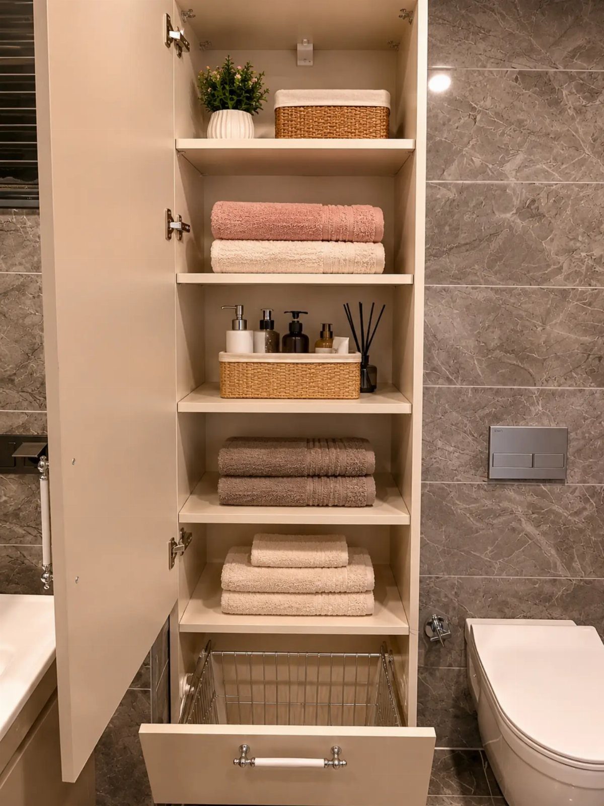 28 Bathroom Cabinet Ideas Storage Fixes for Small Spaces 12 Tall white bathroom cabinet with shelves holding folded towels and woven storage baskets.