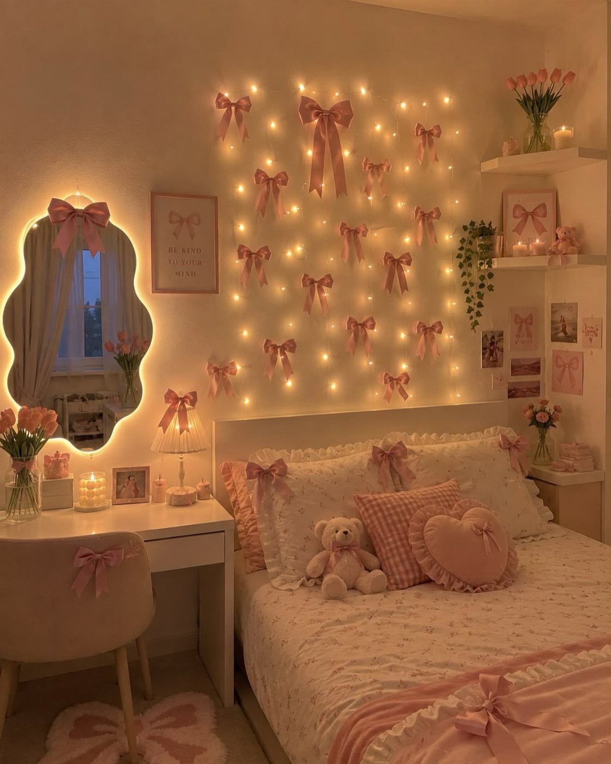 Pink girl's bedroom with bow-decorated walls, fairy lights, and a white vanity desk.