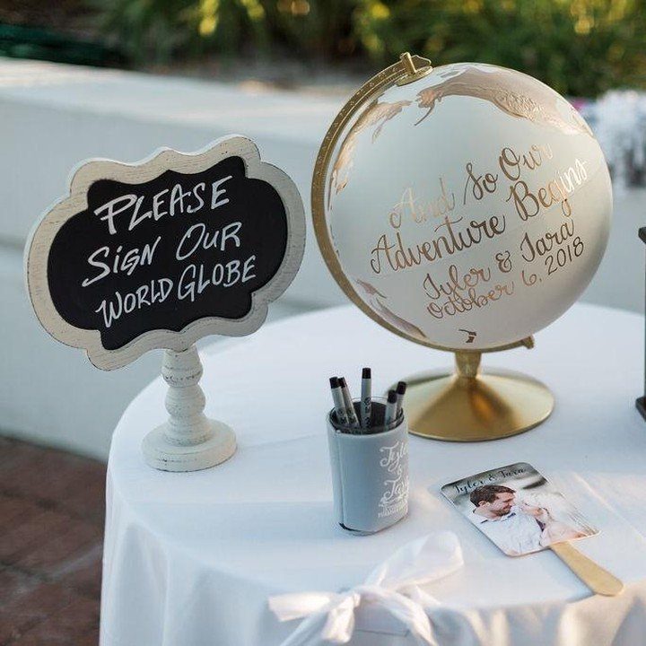 28 Wedding Decorations Ideas at Home with Flowers and Lights 11 White and gold globe guestbook with a chalkboard sign on a white table.