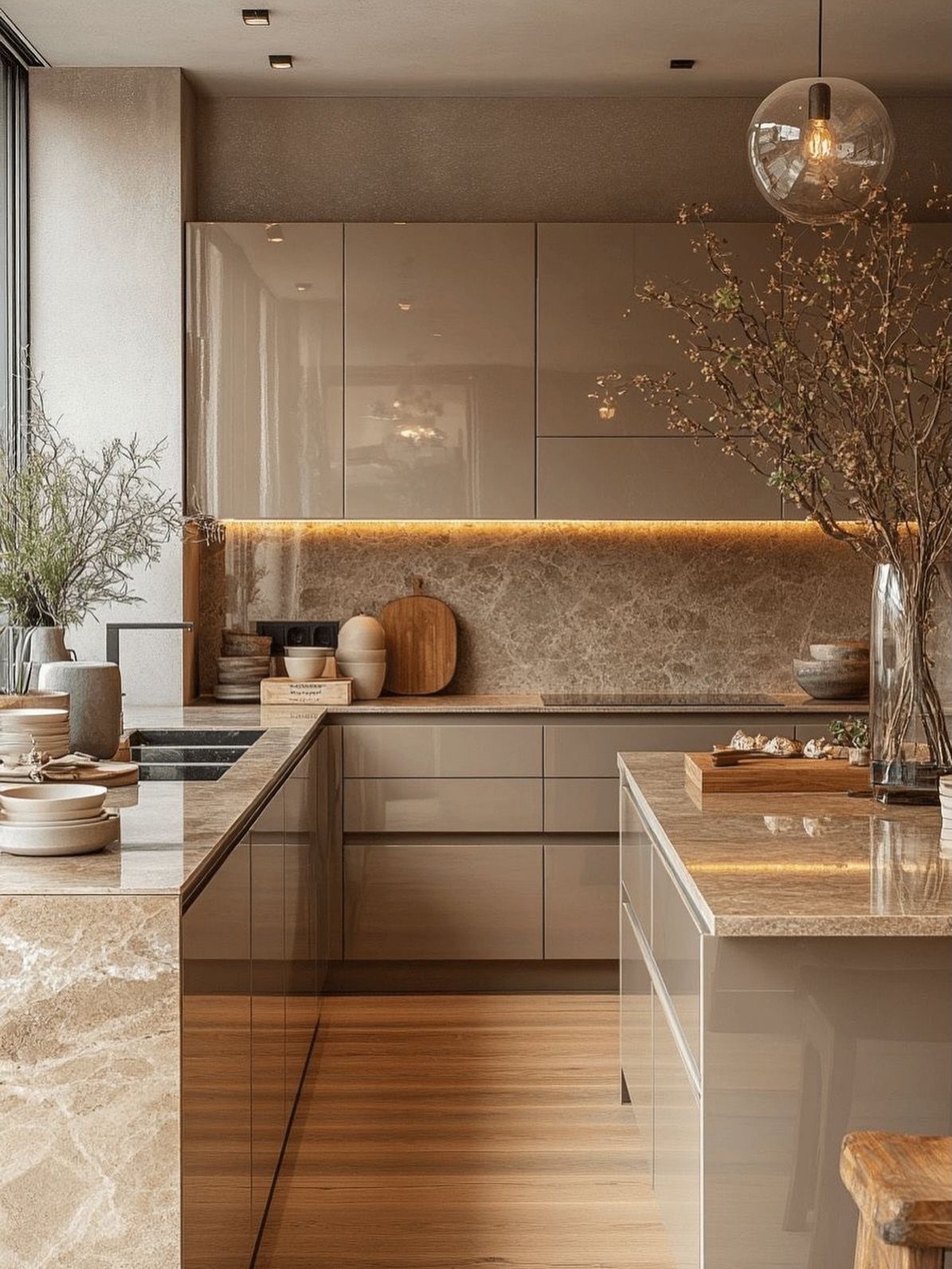 40 Small Kitchen Setup Ideas for Layouts, Storage and Style 4 High-gloss beige kitchen cabinets with marble countertops and warm under-cabinet lighting.