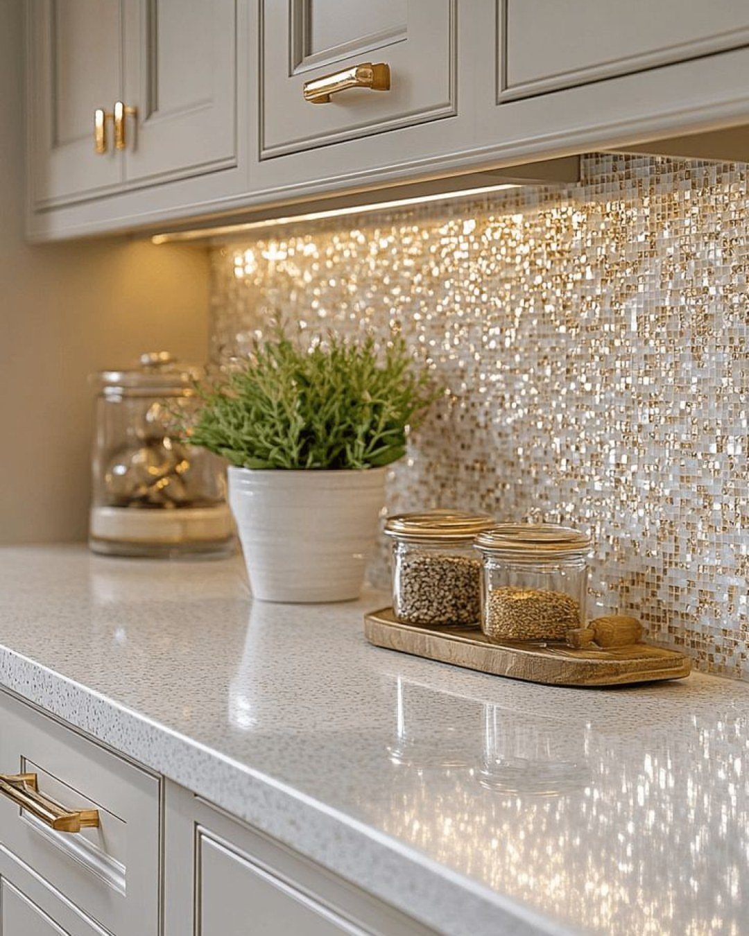 Glossy white polished porcelain countertop with a small plant and spice jars.