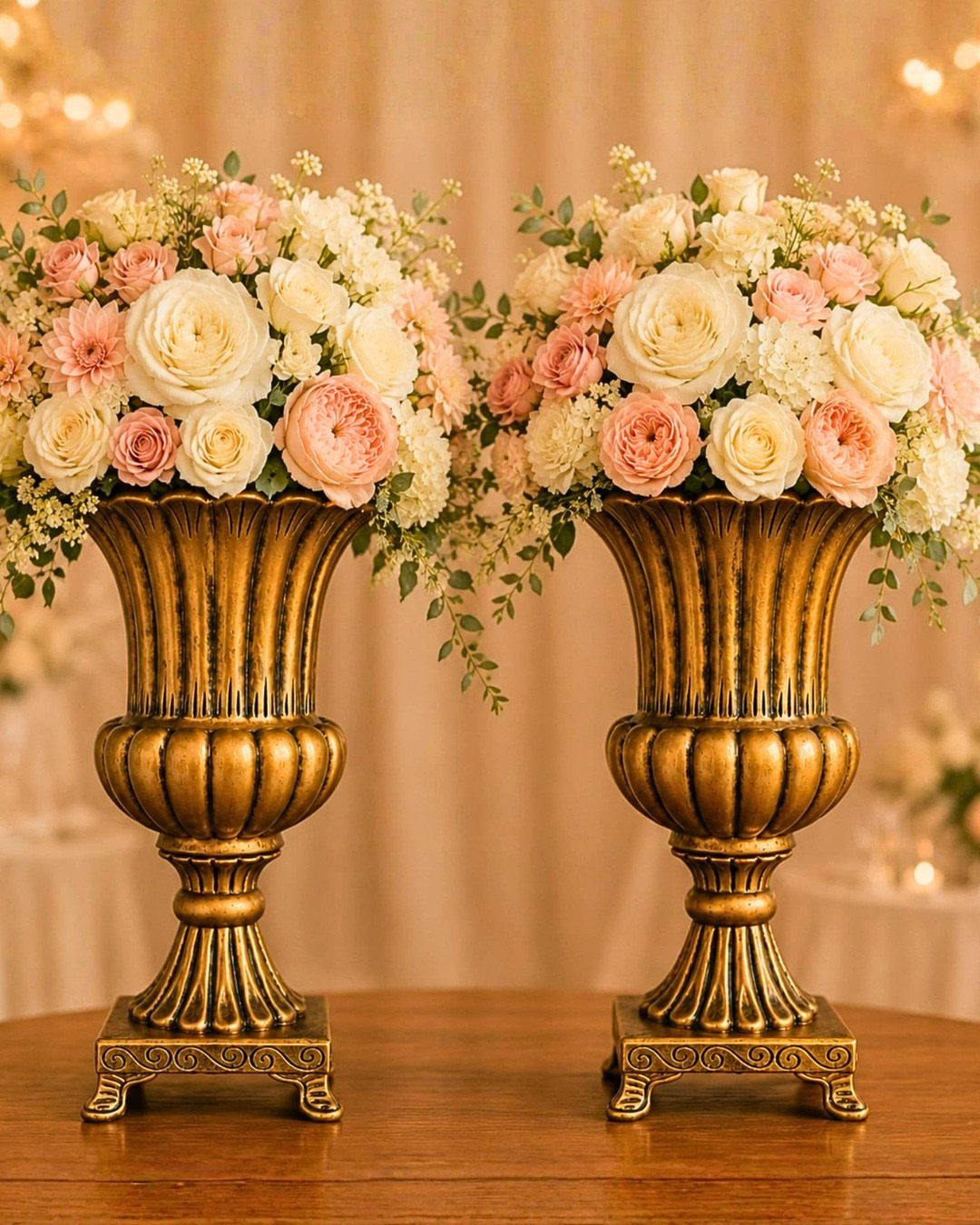Gold and White Table Decor: 20 Ideas for Parties and Events 9 Two gold vases holding white and pink rose arrangements on a wooden table.