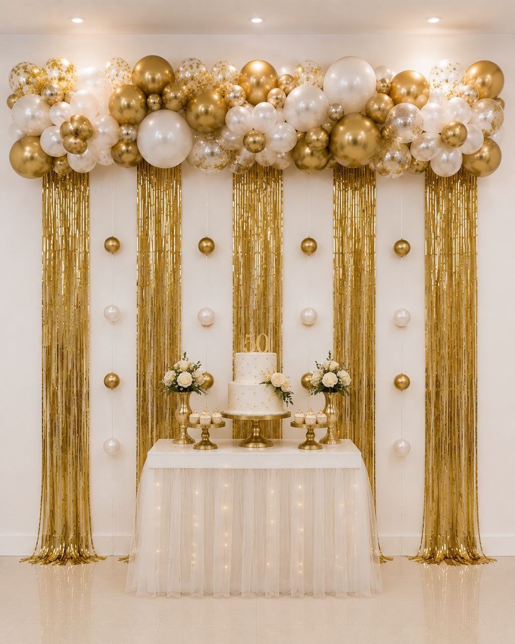 Gold and White Table Decor: 20 Ideas for Parties and Events 20 Gold and white balloon arch above a white cake table with gold tinsel curtains.