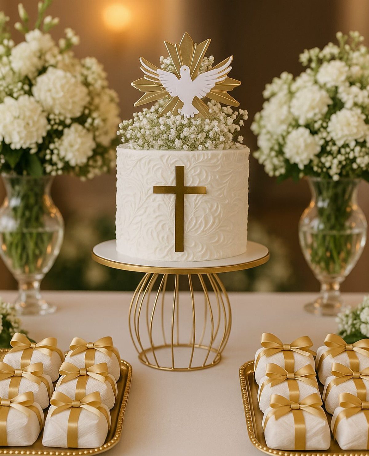 Gold and White Table Decor: 20 Ideas for Parties and Events 17 White baptism cake with gold cross and dove topper on a gold pedestal stand.