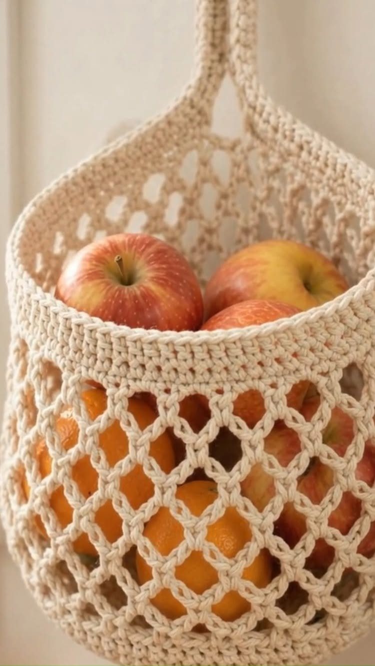 Cream crocheted hanging fruit basket filled with red apples and oranges against a wall