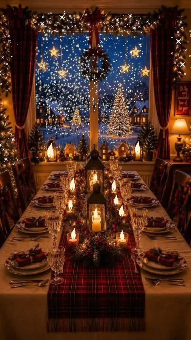 Festively decorated Christmas dinner table with red plaid runner and glowing lanterns