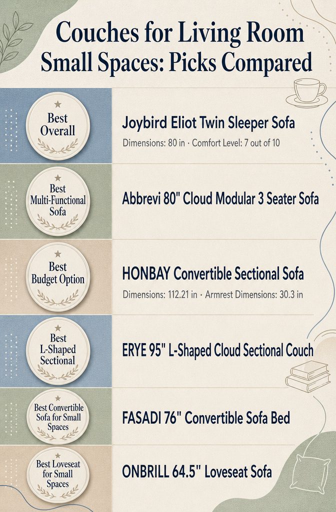 Couches for Living Room Small Spaces: 10 Picks Compared 7 Comparison infographic of different couches for small living rooms with specifications.