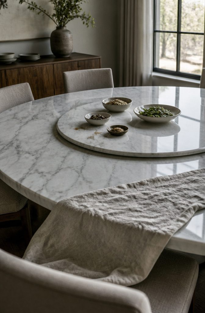 Rotatable Dining Table: Types, Mechanisms, Materials, Care 2 Dining table with a built-in rotating center and matching finished surface