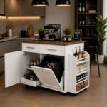 White kitchen island with wooden top showing integrated storage, drawers, and a side rack.
