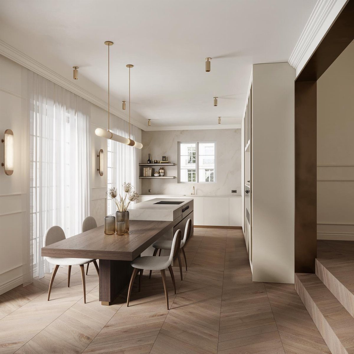 Kitchen Island with Seating on Two Sides: 10 Layout Ideas 4 White kitchen island with an attached dark wood dining table and grey chairs.