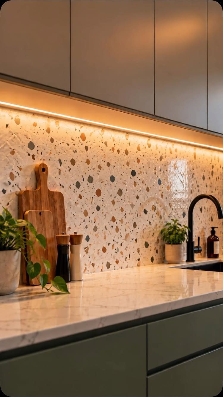 33 Kitchen Setting Ideas with Islands, Lighting, and Storage 4 Terrazzo kitchen backsplash with marble countertops and sage green cabinets under warm lighting.