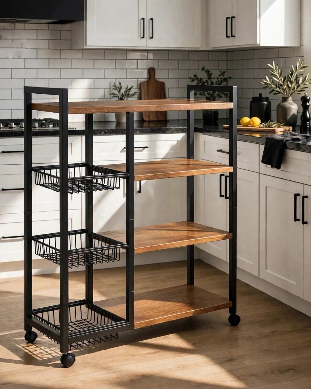Black metal kitchen cart with wooden shelves and wire baskets in a white kitchen.