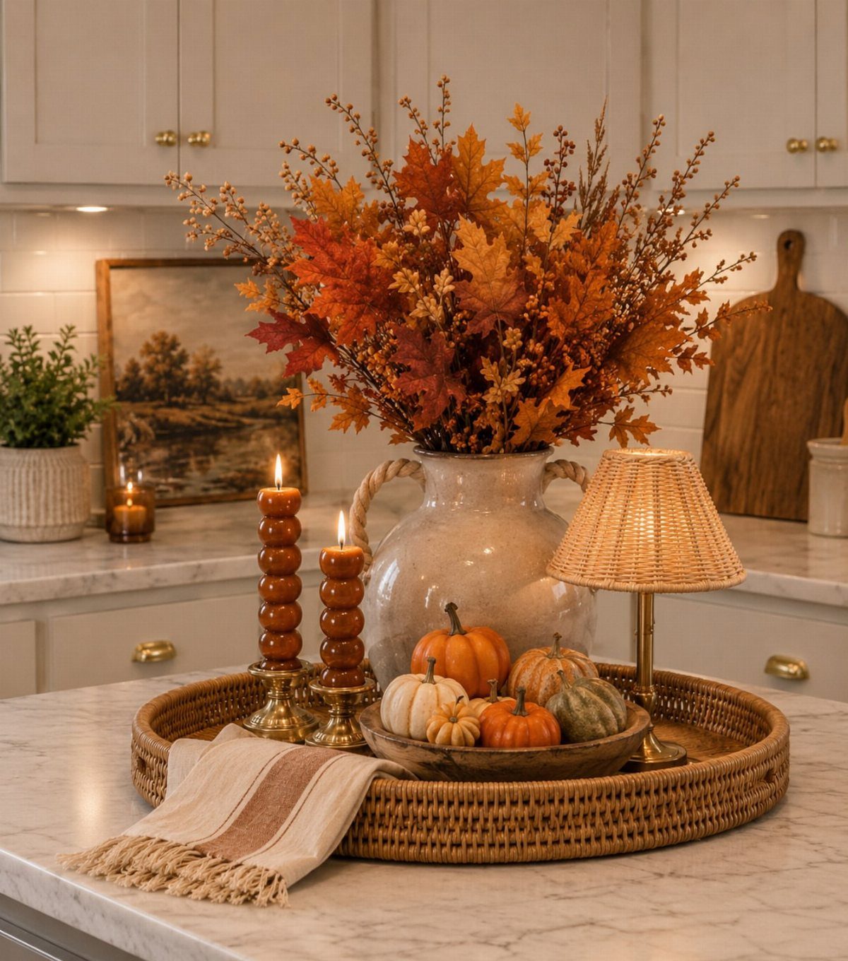 33 Kitchen Setting Ideas with Islands, Lighting, and Storage 26 Autumnal kitchen counter styling with a woven tray, pumpkins, candles, and fall foliage.
